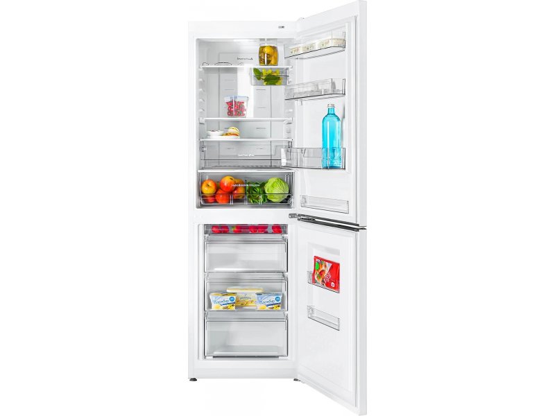 Atlant ХМ-4621-109-ND — открытая холодильная камера с продуктами на стеклянных полках и ящиках для овощей