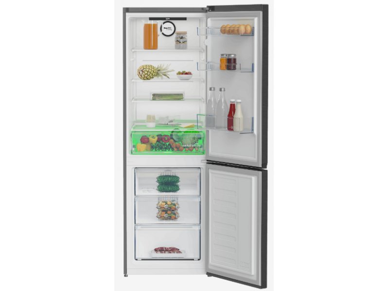 Beko B3RCNK365HXBR — внутренняя организация: зелёный контейнер для овощей, полки холодильной и морозильной камер