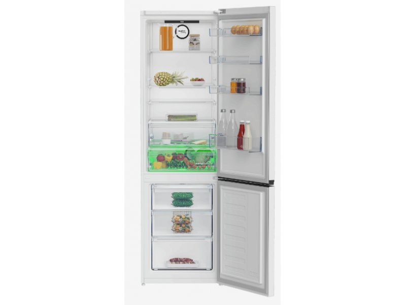 Beko B3RCNK405HDW открытые дверцы, полки из закалённого стекла, ящики для овощей и зона свежести