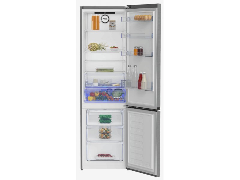 Beko B3RCNK405HDX внутренний вид — полки из закалённого стекла, ящик для овощей с подсветкой, морозильная камера снизу