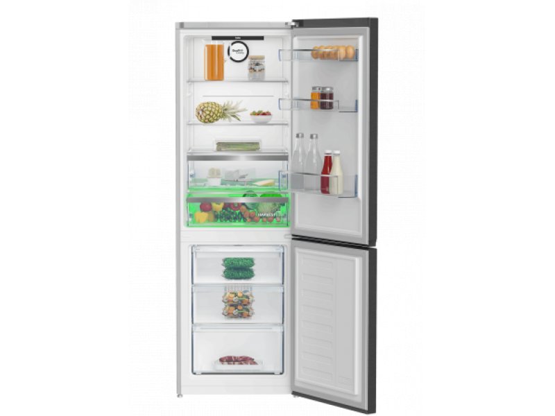 Beko B5RCNK366HDXBR открытые двери — 4 полки из закалённого стекла, ящики морозильной камеры снизу