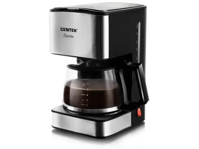Centek CT-1144 серебристый черный — капельная кофеварка со стеклянной колбой и красной кнопкой включения