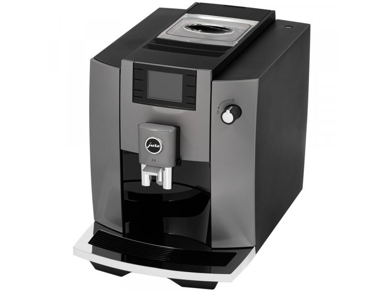 Jura E6 Dark Inox вид спереди — автоматическая кофемашина с дисплеем и молочной системой IFD