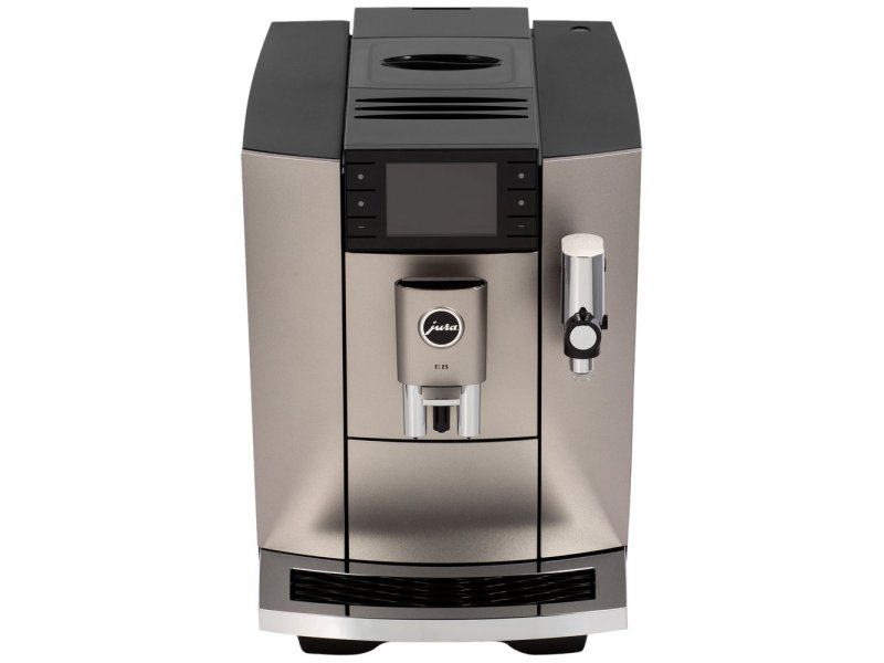 Jura E8 Midnight Silver полный вид под углом резервуар поддон дисплей