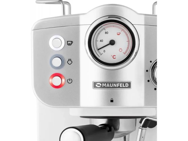 Maunfeld MF-735WH PRO — крупный план панели управления с цветовыми индикаторами и аналоговым манометром