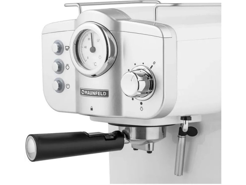 Maunfeld MF-735WH PRO — группа эспрессо, ручка группы и система управления давлением крупным планом