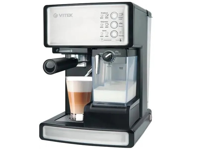 Ufesa VT-1514 BK — приготовление капучино, чашка с молочной пеной, боковой профиль