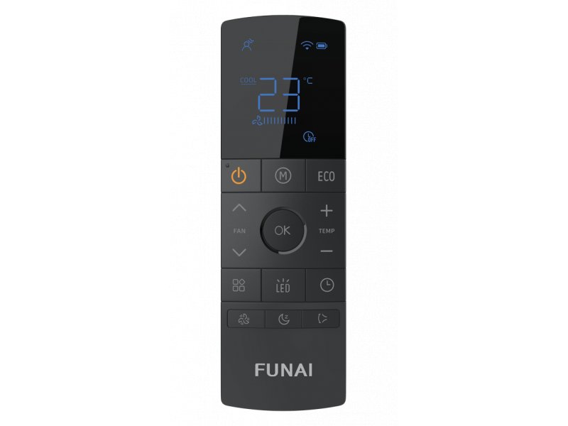 Funai Akoya Inverter пульт ДУ с дисплеем, кнопки режимов охлаждения, вентилятора, таймера и эко-режима