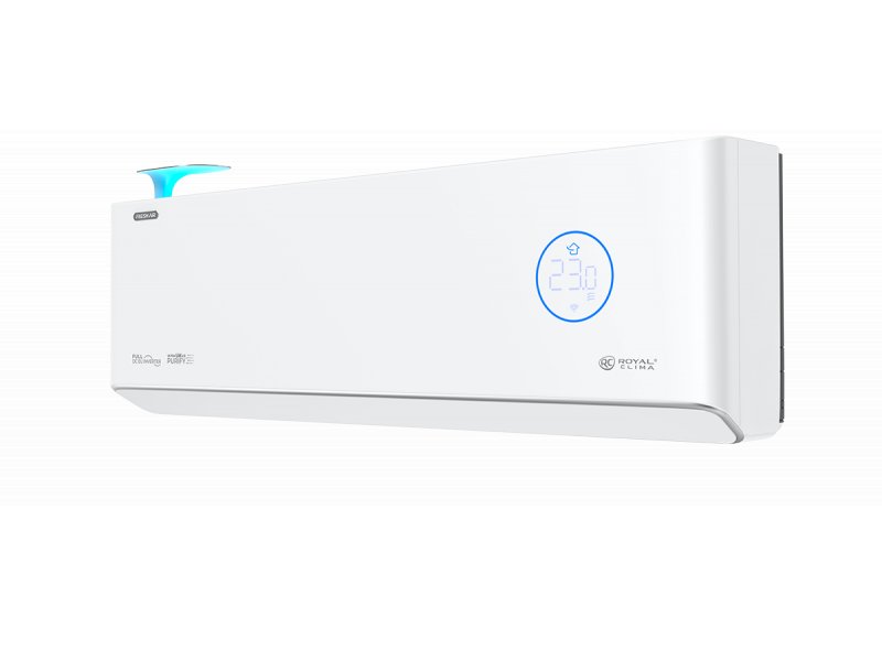 Royal Clima RCI-RF40HN вид под углом голубой декоративный элемент форма и линии корпуса