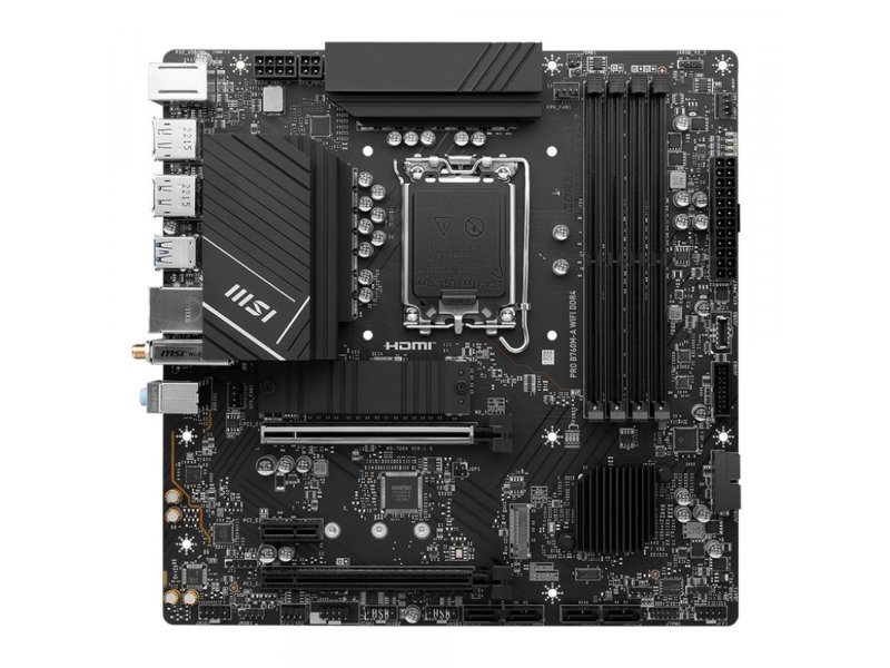 MSI PRO B760M-A WIFI DDR4 вид сверху — сокет LGA 1700, слоты памяти и разъёмы M.2