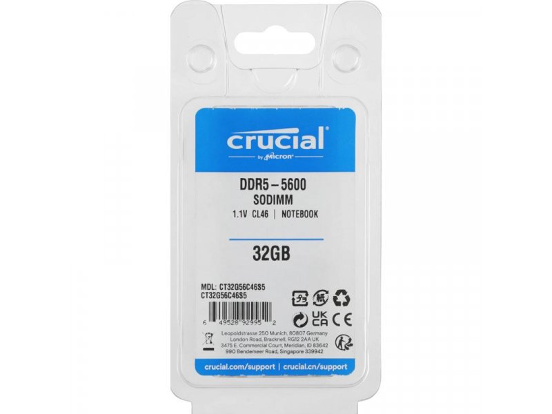Оперативная память Crucial CT32G56C46S5, DDR5 1х 32ГБ 5600 МГц, SODIMM, RTL