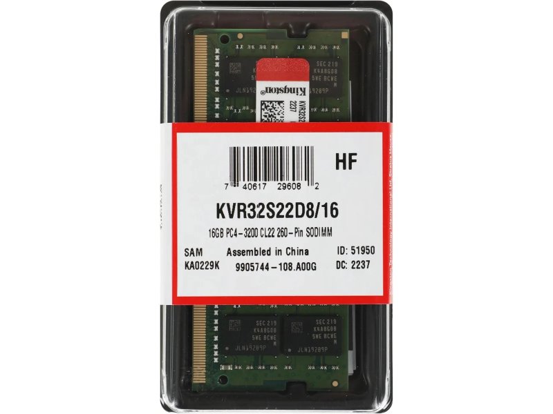 Оперативная память Kingston KVR32S22D8/16, DDR4 1х 16ГБ 3200 МГц, SODIMM, RTL