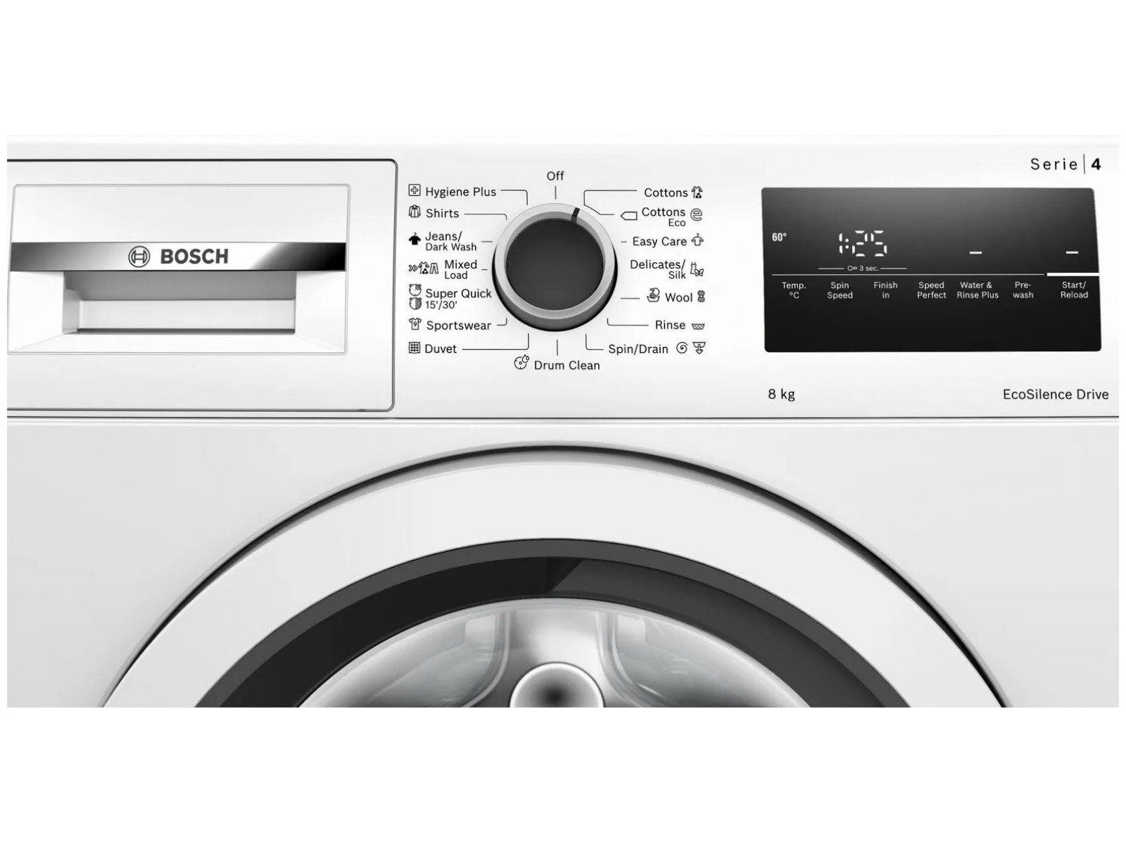Bosch WAN24200ME панель управления с диском программ, дисплей с режимами стирки и кнопка EcoSilence Drive 8 кг