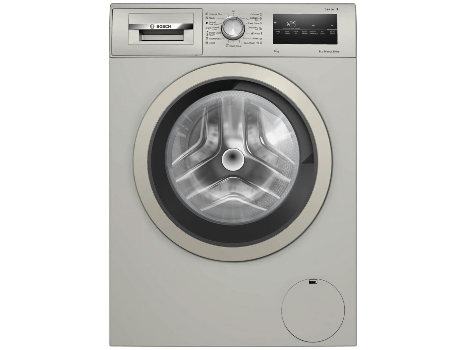 Bosch WAN2420XME вид спереди — фронтальная загрузка, прозрачный люк, панель управления сверху