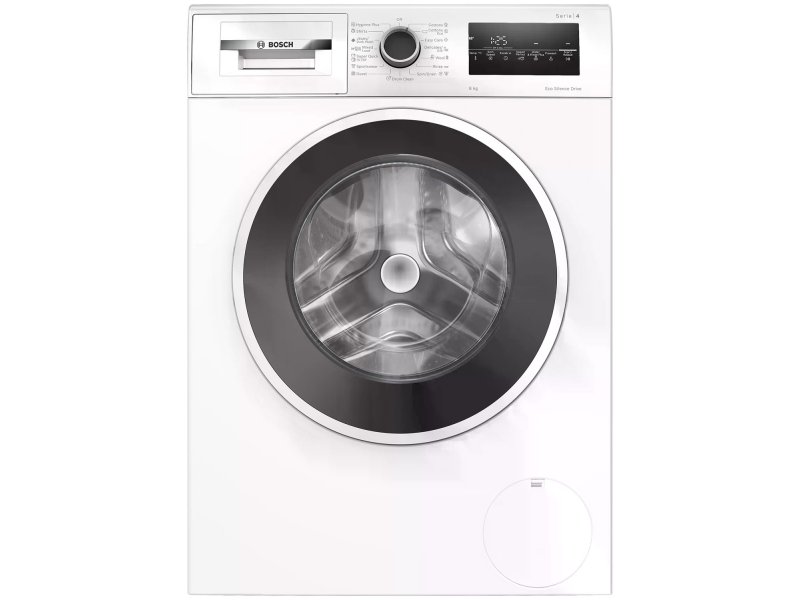 Bosch WAN28201ME вид спереди — белый корпус, чёрный люк, панель управления Serie 4
