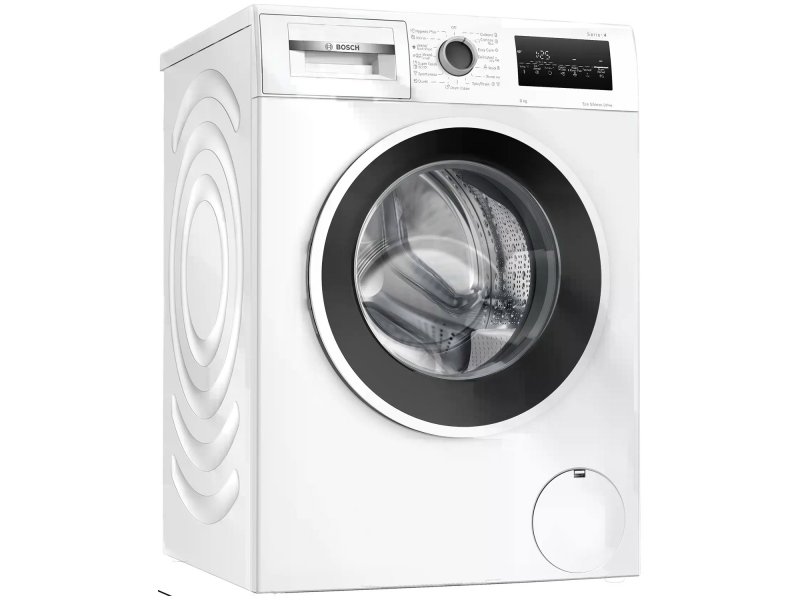 Bosch WAN28201ME вид сбоку — профиль корпуса, белый цвет, чёрный люк, фронтальная загрузка