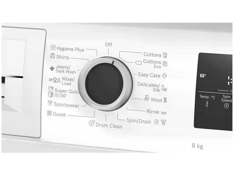 Bosch WAN28201ME панель управления — механический регулятор программ, LED-дисплей, обозначения режимов стирки