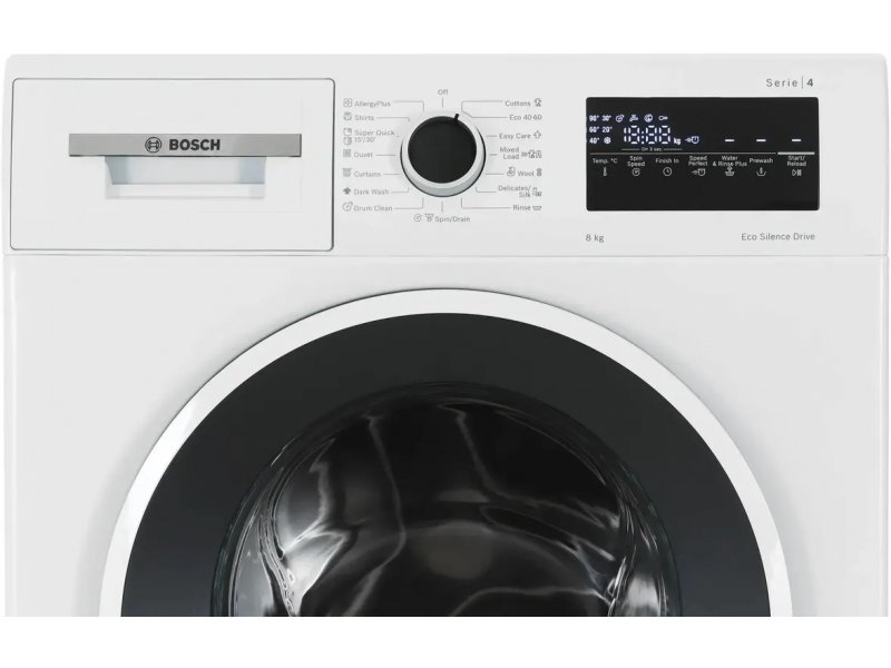 Bosch WAN28201ME люк и передняя панель крупным планом — чёрный люк, белый корпус, кнопки управления