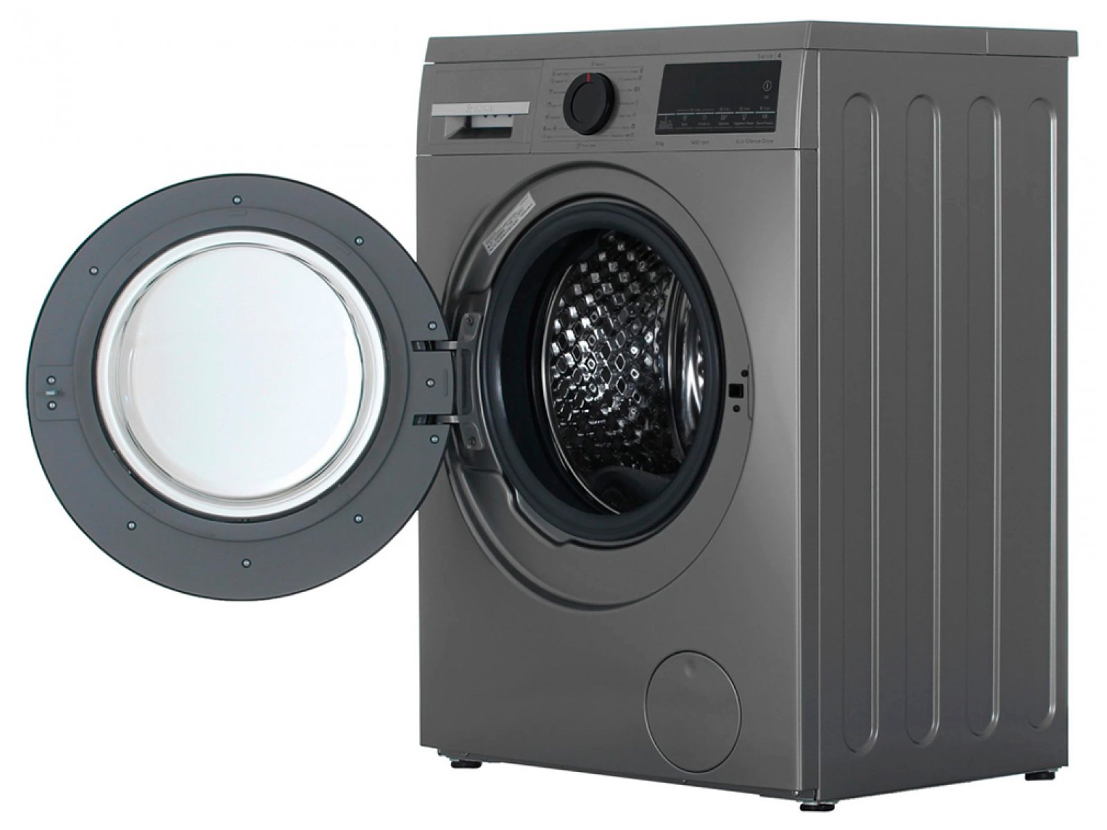 Bosch WLS2846SME — открытый люк барабана, тройной профиль барабана, серый корпус