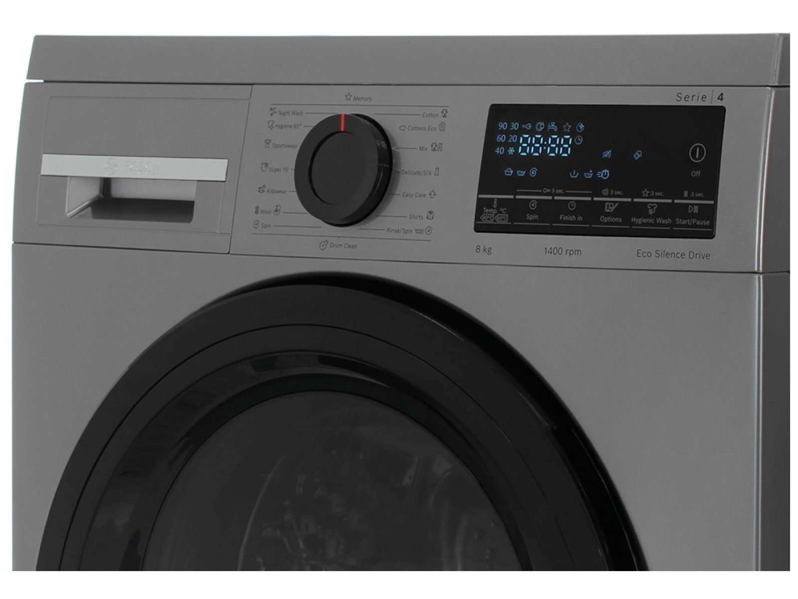 Bosch WLS2846SME — верхняя панель управления с ротационной ручкой, цифровым дисплеем и кнопками программ