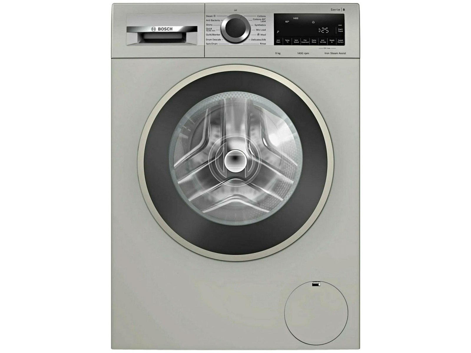 Bosch WLS2846SME — вид спереди, серый корпус, чёрный люк, верхняя панель управления с дисплеем