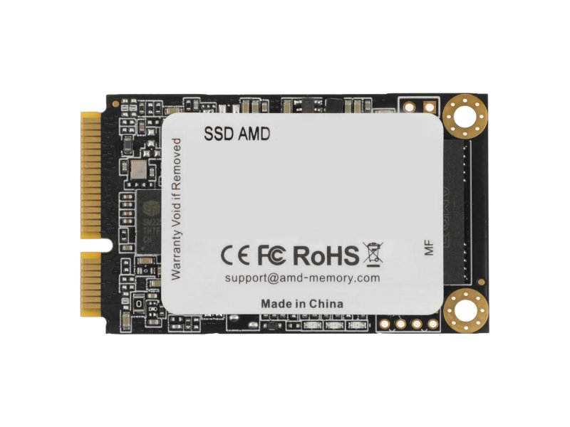 AMD Radeon R3MS1024G5 1 ТБ mSATA — вид спереди, белая наклейка, золотые контакты