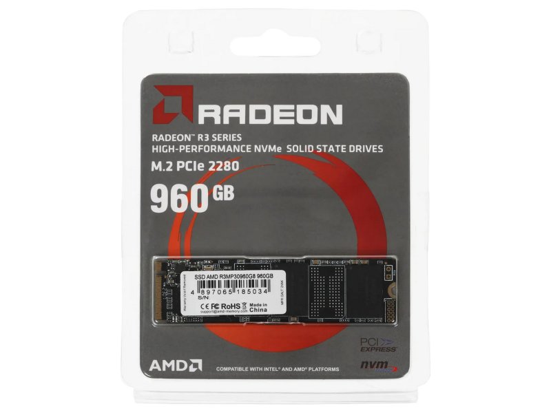 SSD накопитель AMD Radeon R3 960ГБ, M.2 2280, PCIe 3.0 x4, [R3MP30960G8]