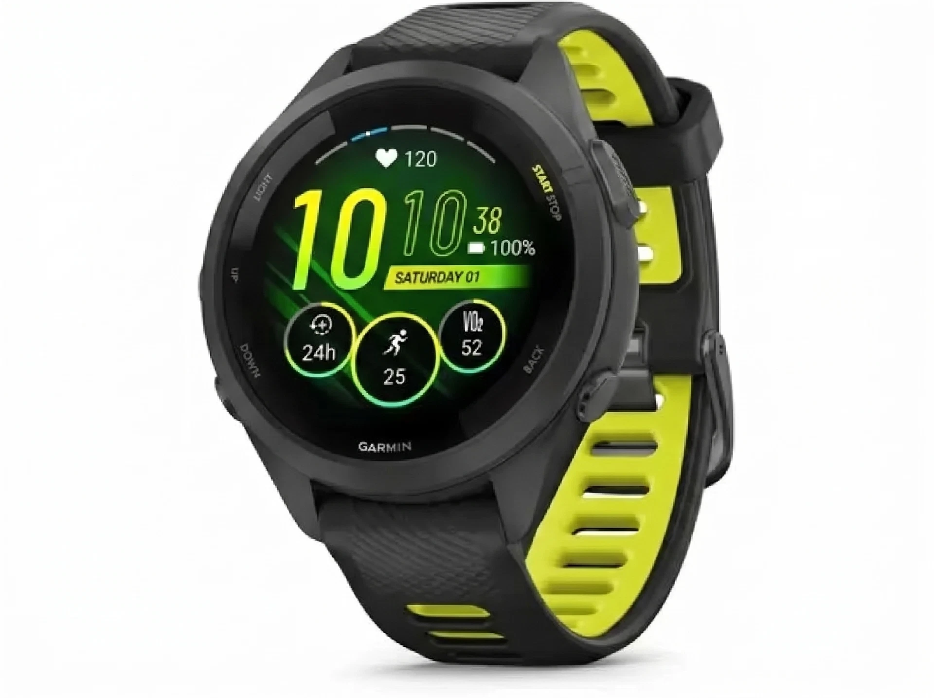 Garmin Forerunner 265S чёрный/жёлтый — вид сбоку в интерьере: компактный профиль и силиконовый ремешок