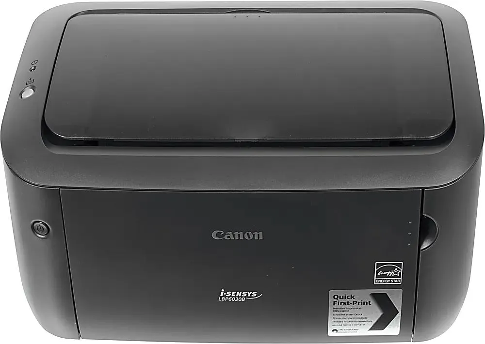 Canon i-SENSYS LBP-6030B вид сверху и сбоку компактный чёрный корпус откидная крышка