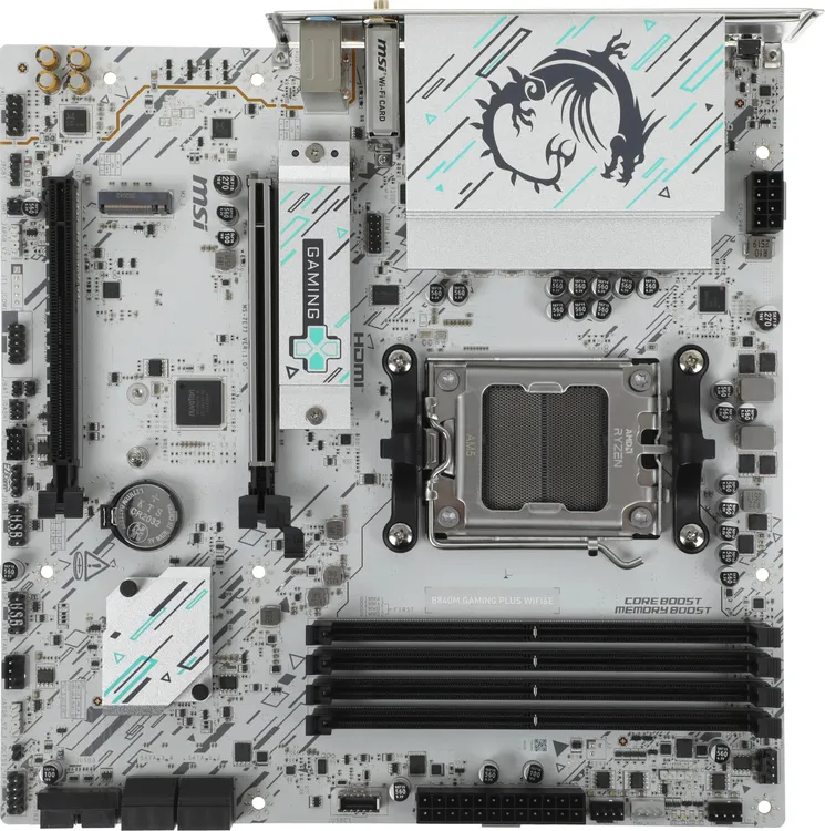 GIGABYTE B840M Gaming Plus WiFi6E вид сверху — сокет AM5, слоты DDR5, радиатор VRM