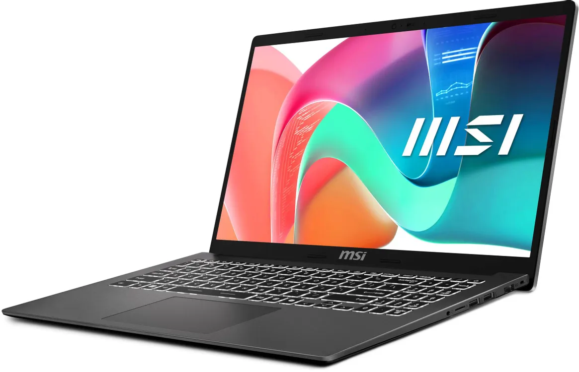 MSI Modern 15 F1MG-1072XRU вид спереди и сбоку — тёмно-серый корпус, IPS-экран