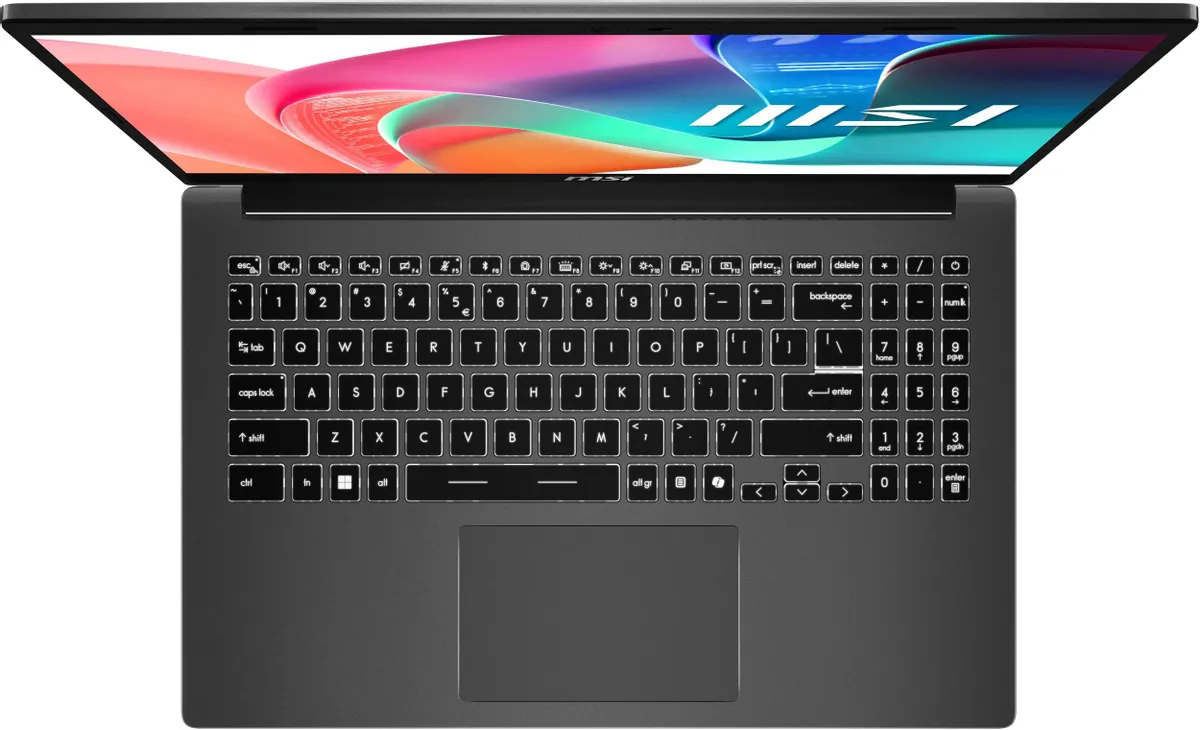 MSI Modern 15 F1MG-1072XRU вид сверху — полноразмерная клавиатура с подсветкой и цифровым блоком