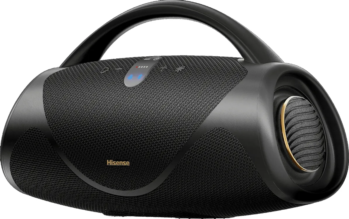 Hisense VoyageBoom портативная колонка без подсветки, вид сбоку с ручкой и оранжевым кольцом вокруг динамика