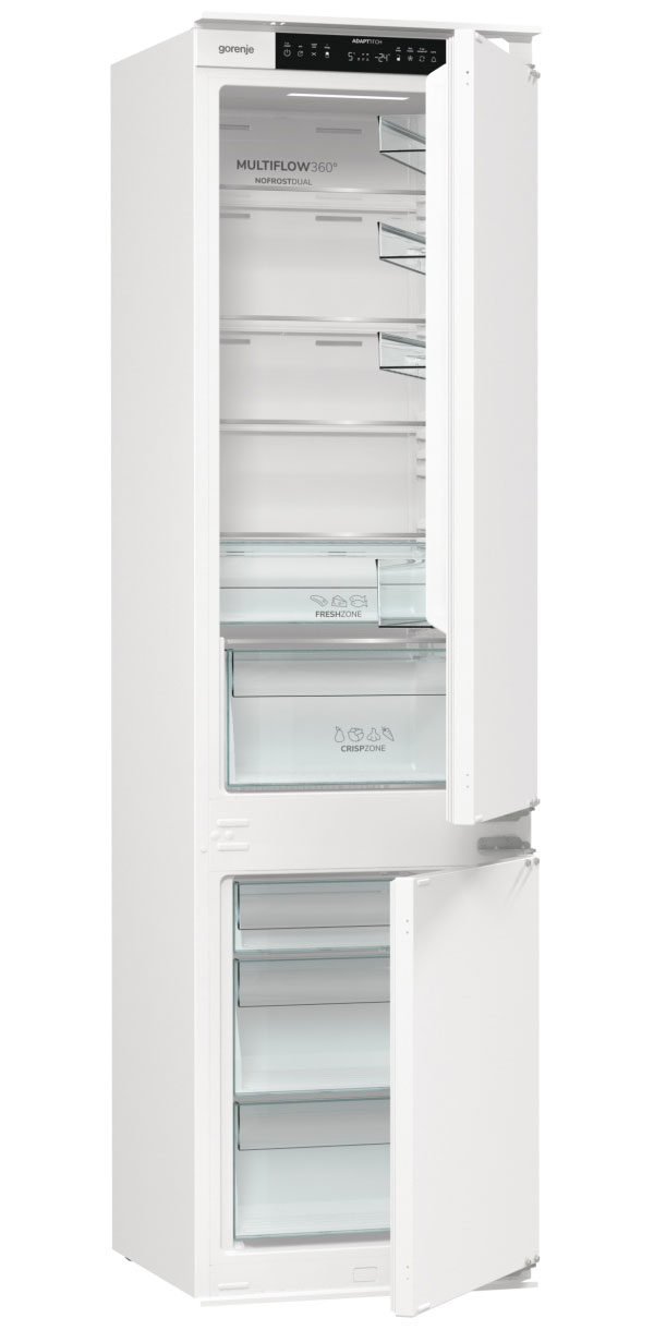 Gorenje NRKI519141 встраиваемый холодильник вид спереди с открытыми дверцами — полки, ящики и морозильная камера