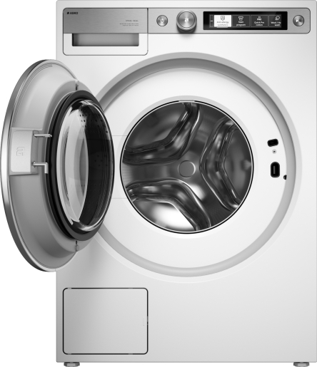 Asko W7096XW с открытым люком — барабан с подсветкой и отверстиями, цифровой TFT-дисплей на панели управления