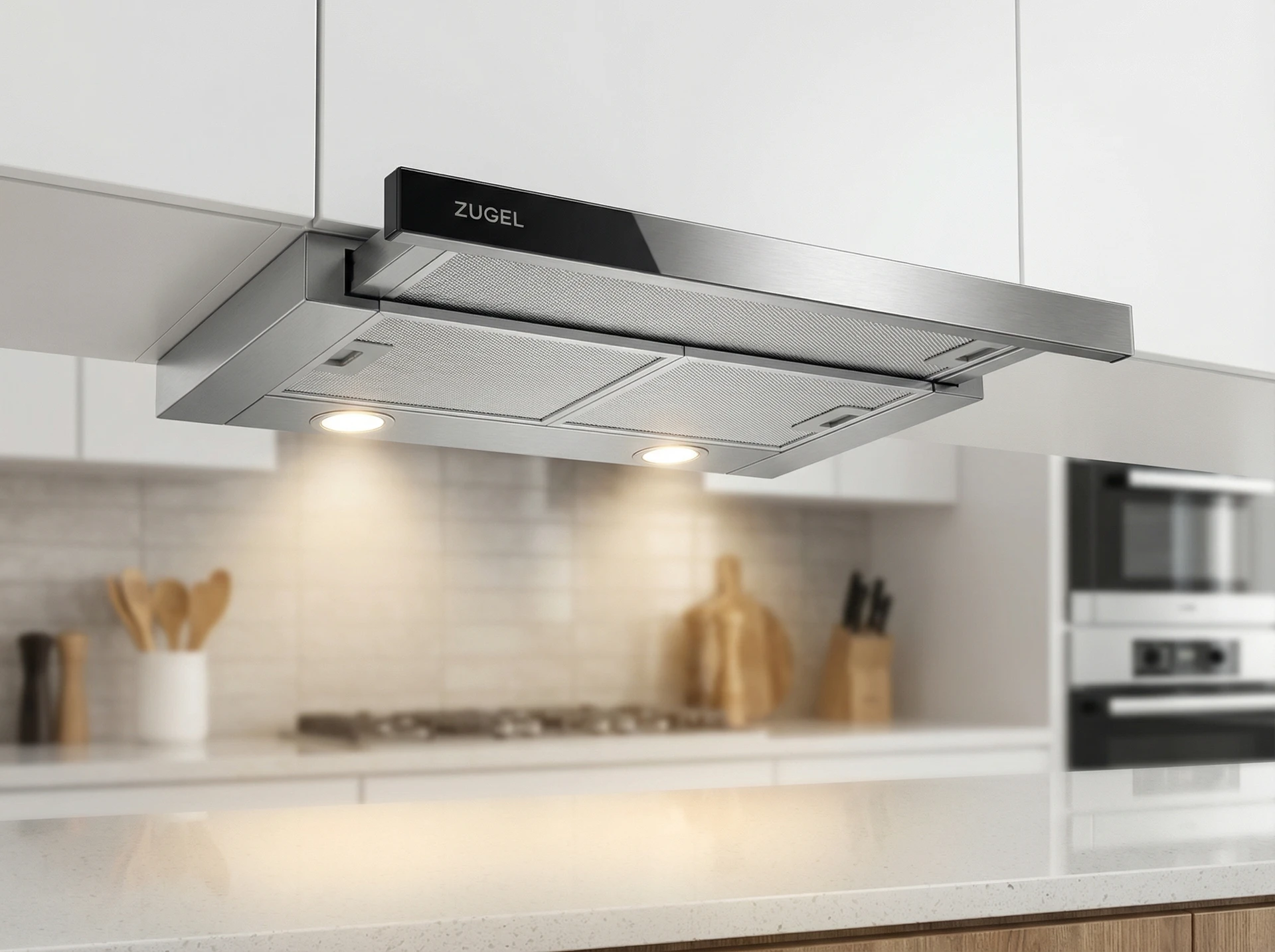 Zugel ZHT651GX встраиваемая вытяжка в кухонном интерьере со шкафами