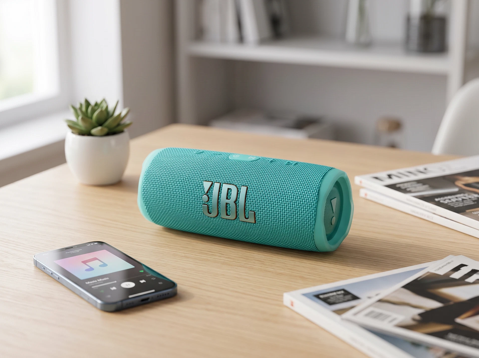 JBL Flip 6 бирюзовый в интерьере — портативная акустика на столе
