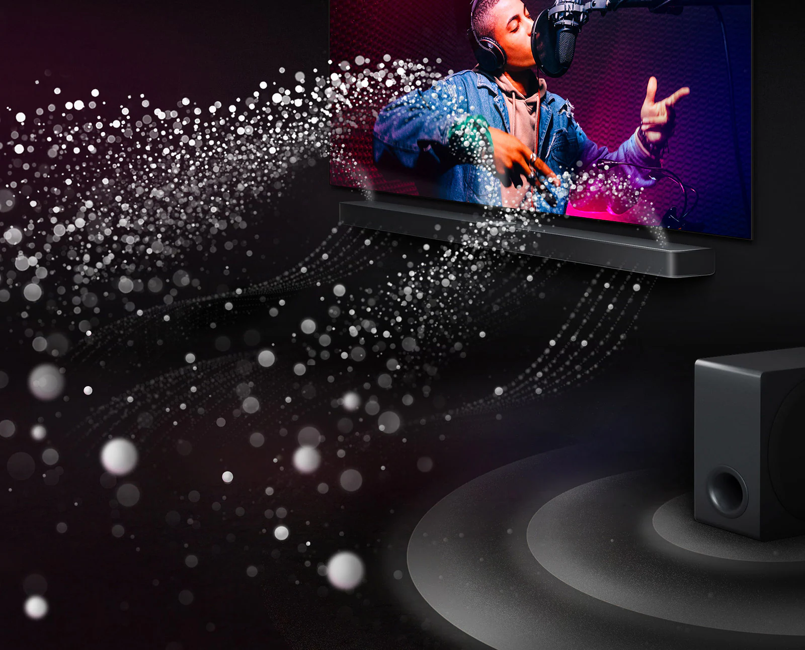 LG S90TY саундбар — объёмный звук Dolby Atmos в тёмной комнате
