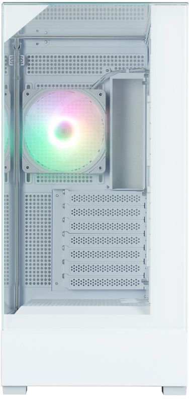 Zalman P40 Prism Plus White — вид сбоку на открытый корпус, кабельные каналы и вентиляционные решётки