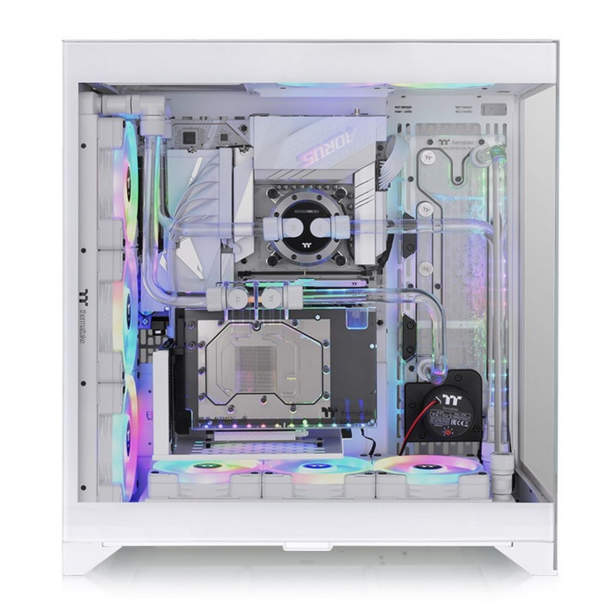 Thermaltake CTE E600 MX Snow вид сверху — CPU-сокет, RAM-слоты, RGB-вентиляторы и кабель-менеджмент