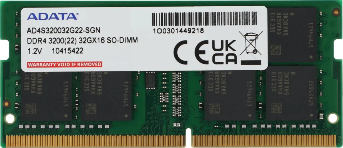 ADATA Premier AD4S320032G22-SGN DDR4 SODIMM 32 ГБ — вид спереди с маркировкой и характеристиками на наклейке