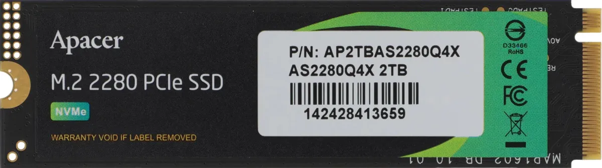 Apacer AS2280Q4X вид сверху с этикеткой NVMe PCIe логотипами сертификации