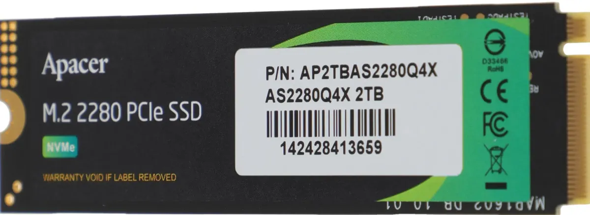 Apacer AS2280Q4X PCIe 4.0 NVMe вид спереди под углом с логотипом и этикеткой