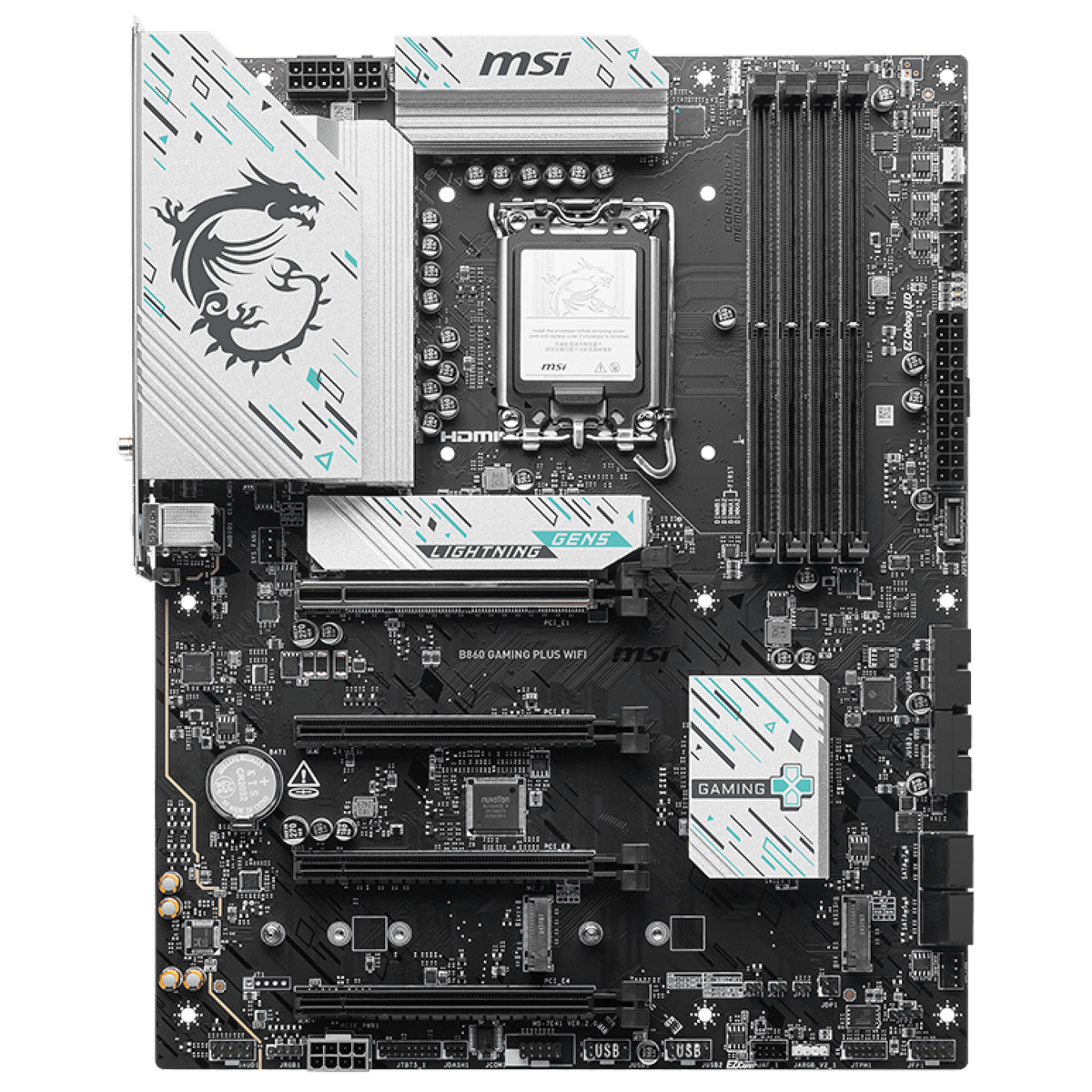 MSI B860 Gaming Plus Wifi материнская плата ATX вид сверху слоты DDR5 PCIe