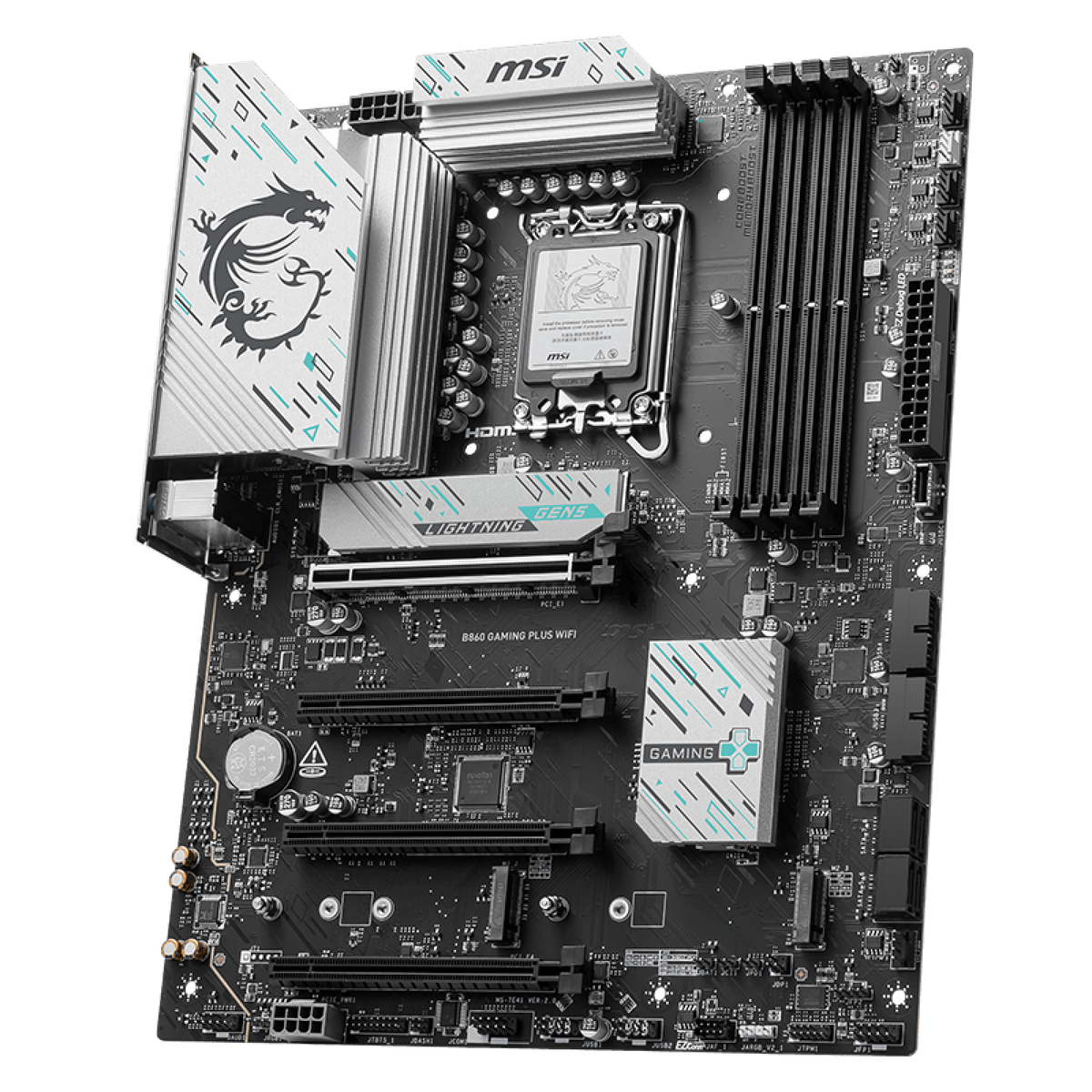 MSI B860 Gaming Plus Wifi разъёмы M.2 и SATA на плате крупный план