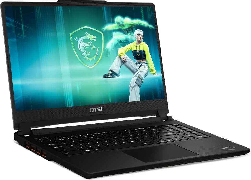 MSI Cyborg 15 C2WF-014XRU вид спереди-сбоку, экран включён с игровым контентом, порты левой стороны