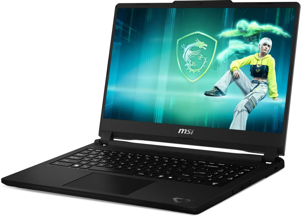 MSI Cyborg 15 C2WF-014XRU вид спереди, открытый корпус, клавиатура с подсветкой и тачпад