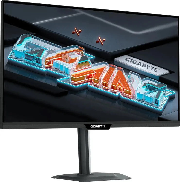 Gigabyte M27Q3 EK экран с демонстрацией цветопередачи — 3D графика с неоновыми эффектами