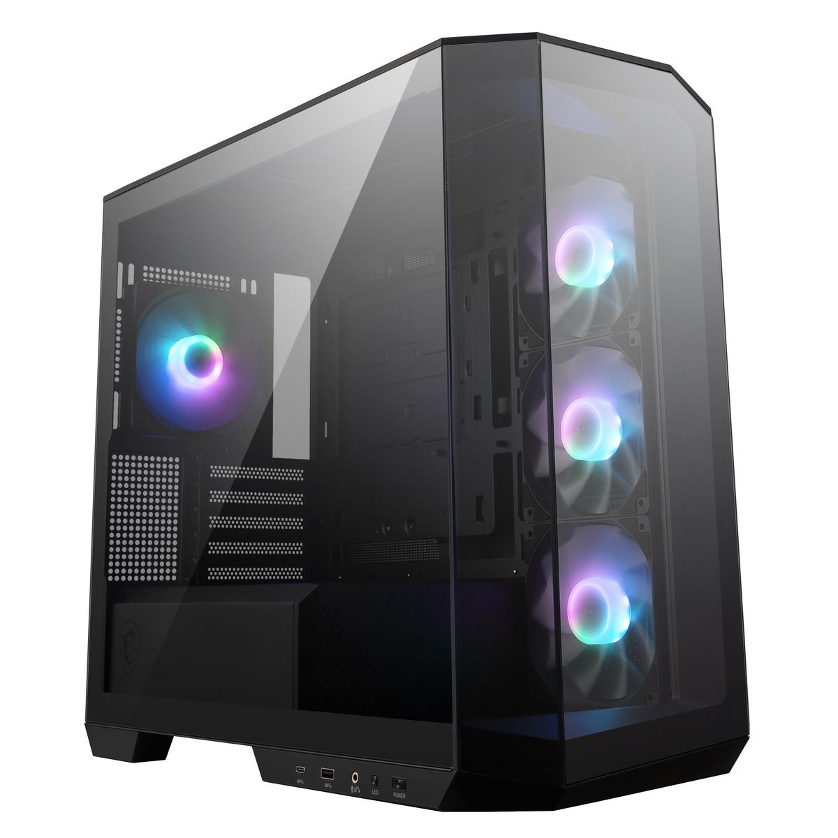 MSI MAG PANO M100R PZ вид в три четверти с ARGB-вентиляторами и прозрачными панелями