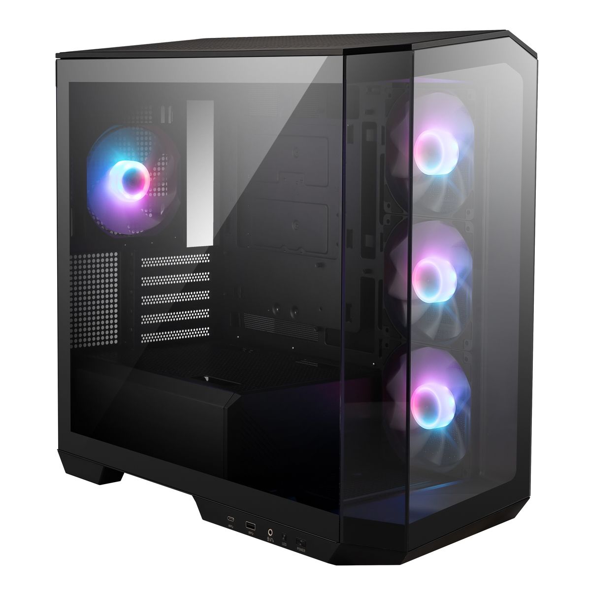 MSI MAG PANO M100R PZ вид слева с закалённым стеклом и ARGB-вентиляторами